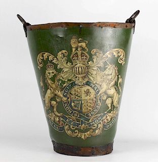 A 19THC. ENGLISH PAINTED FIBER AND LEATHER BUCKET