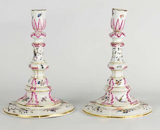 A PAIR MARCOLINI MEISSEN CANDLESTICKS WITH INSECTS
