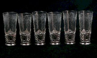 SIX FRENCH ETCHED GLASS BEAKERS IN SILVER PLATE