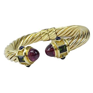 Vintage David Yurman 14 Karat Yellow Gold Cable Hinged Cuff Bangle Bracelet with Cabochon Rubelite Tourmalines and Multi Gems