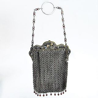 Antique Faberge 84 Silver Mesh and Enamel Lady's Evening Bag accented throughout with Rubies and small Pearls Stamped ??, 84 