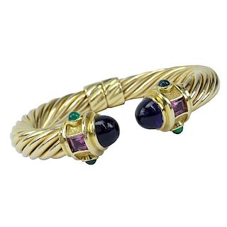 Vintage David Yurman 14 Karat Yellow Gold Cable Hinged Cuff Bangle Bracelet with Cabochon Amethysts and Multi Gemstone Accent