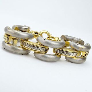 Italian 18 Karat Two Tone Gold, Diamond and Cabochon Sapphire Link Bracelet.