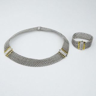 Italian Platinum, 18 Karat Yellow Gold and Diamond Accent Mesh Bracelet and Necklace Suite.