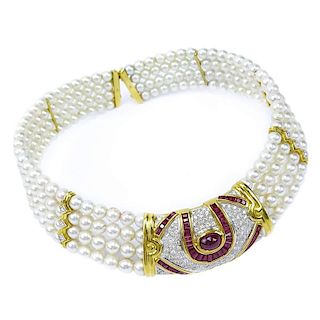 Fine Quality Burma Ruby, Pave Set Diamond, Pearl and 18 Karat Yellow Gold Four (4) Strand Flexible Choker Necklace.