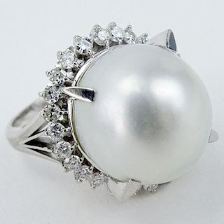 Vintage Large South Sea Pearl, Diamond and Platinum Ring.
