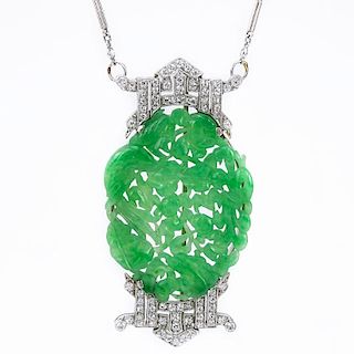 Antique Platinum and Old European Cut Diamond Mounted Chinese Finely Carved Openwork Jade Brooch / Necklace.