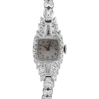 Lady's Vintage Approx. 4.0 Carat Tapered Baguette and Round Brilliant Cut Diamond and Platinum Hamilton Bracelet Watch with M