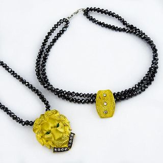 Vintage Black Diamond Bead Necklace(s) and Double Strand Bracelet Suite, the Necklace with 24 Karat Fine Gold Figural Lion Pe
