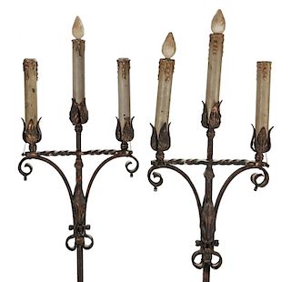 A PAIR EARLY 20TH CENTURY WROUGHT IRON TORCHIERES