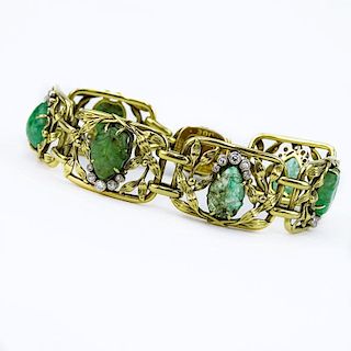 Antique Art Nouveau Approx. 5.0 Carat Carved Emerald, 1.0 Carat Diamond and 18 Karat Yellow Gold Bracelet.