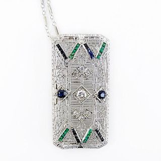 Art Deco Diamond, Sapphire, Emerald, Onyx and Platinum Filigree Bar Brooch Mounted as a Pendant with 14 Karat White Gold Chai