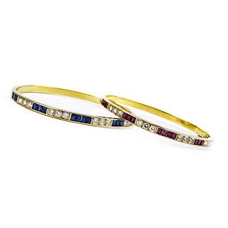 Vintage Van Cleef & Arpels Two (2) 18 Karat Yellow Gold and Diamond Hinged Bangle Bracelets One Set with Rubies the other wit
