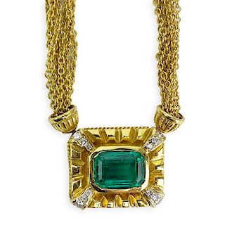 Approx. 3.65 Carat Emerald, Round Brilliant Cut Diamond and 18 Karat Yellow Gold Pendant Necklace.