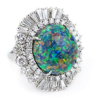 Very Fine Approx. 12.42 Carat Oval Cabochon Black Opal, Round Brilliant and Tapered Baguette Cut Diamond and Platinum Balleri