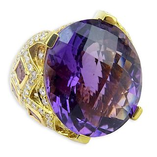 Large Criss Cross Oval Cut Amethyst, Pink Sapphire, Diamond and 18 Karat Yellow Gold Ring.