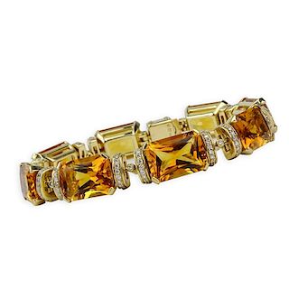 Fine Quality Eight (8) Golden Topaz, Diamond and 14 Karat Yellow Gold Bracelet.