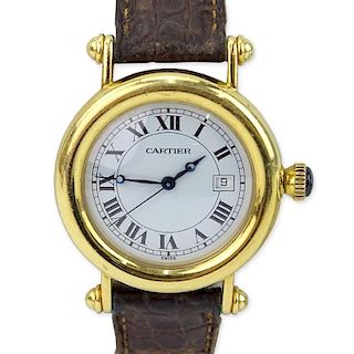 Vintage Cartier 18 Karat Yellow Gold Watch with Swiss Quartz Movement, Leather Strap and 18 Karat Yellow Gold Deployment Buck