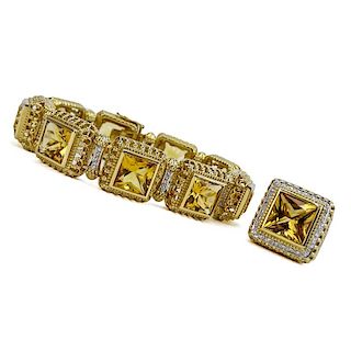 Vintage Square Cut Citrine, Diamond and 14 Karat Yellow Gold Bracelet and Ring Suite.