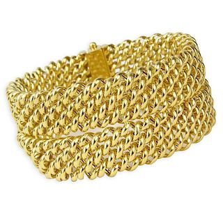 Vintage Italian 18 Karat Yellow Gold Flexible Mesh Link Cuff Bangle Bracelet.