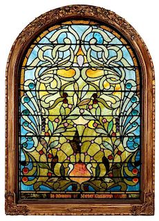 A LARGE 19TH C. STAINED GLASS WINDOW WITH JEWELS