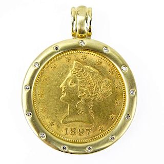 1897 U.S. Ten Dollar Gold Coin and 14 Karat Yellow Gold Pendant Accented with Round Cut Diamonds.