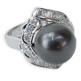 South Sea Black Pearl, Diamond and 14 Karat White Gold Ring.