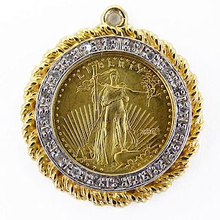 2001 U.S. Liberty $5 Fine Gold Coin in 14 Karat Yellow Gold Pendant with Diamond Bezel. Coin stamped 1/10 Oz.