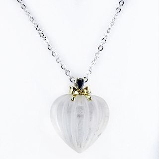 Vintage Crystal Heart Pendant Necklace with 14 Karat yellow Gold and Sapphire Accents to Pendant, 14 Karat White Gold Chain.