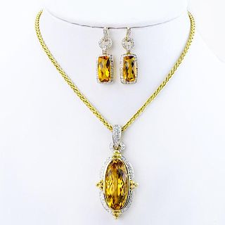 Criss Cross Citrine, Pave Set Diamond and 14 Karat Yellow Gold Pendant Necklace and Earring Suite.