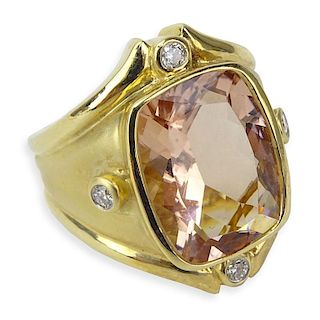Large Cushion Cut Morganite, Round Brilliant Cut Diamond and 14 Karat Yellow Gold Ring.