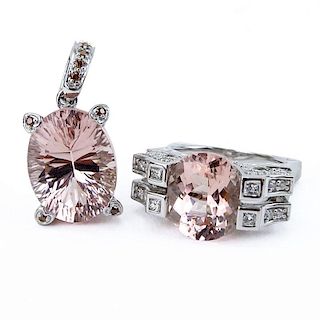 Oval Criss Cross Cut Morganite, Diamond and 18 Karat White Gold together with Oval Criss Cross Cut Morganite, Diamond and 14 