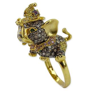 Multi Color Fancy Diamond, Gemstone and 18 Karat Yellow Gold Elephant Ring.