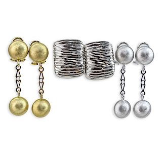 Three (3) Pair of Vintage Italian Gold Earrings including 18 Karat White Ribbed Gold, 18 Karat White Gold Pendant and 14 Kara