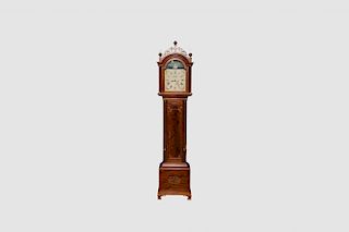 Robert Materne Federal Revival Mahogany Inlaid Rocking Ship Tall Case Clock, Bristol, RI