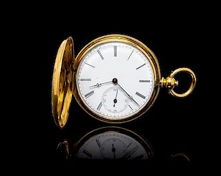 An 18 Karat Yellow Gold and Enamel Hunter Case Keywound Pocket Watch, Rosselet,