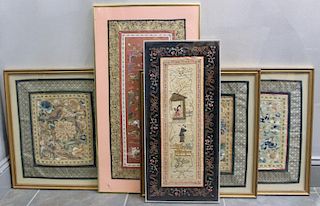Lot Of 5 Framed Asian Silk Embroidered Textiles