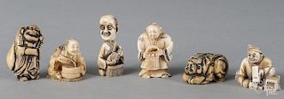 Six Japanese Meiji period carved ivory netsuke.