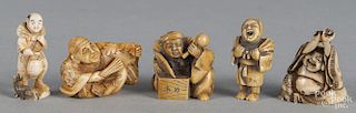 Five Japanese Meiji period carved ivory netsuke.