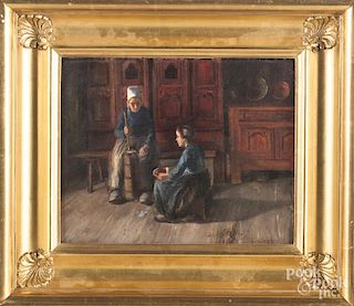 Oil on canvas interior, with two women