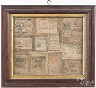 Group of framed colonial paper currency.