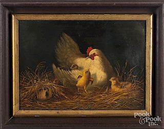 Oil on canvas of hen and chicks, late 19th c.