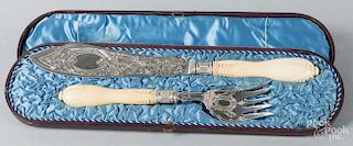 Sheffield silver and ivory fish carving set