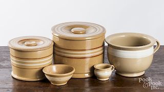 Five pieces of yellowware with mocha bands.