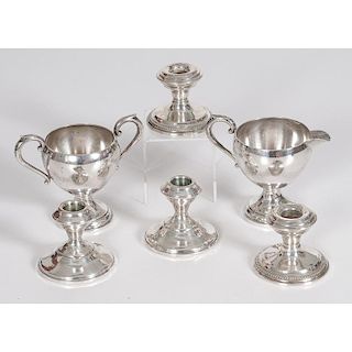 Weighted Sterling Candlesticks, Creamer and Sugar