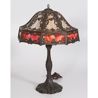 Slag Glass Table Lamp with Metalwork Shade