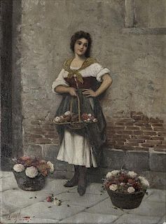 Italian Genre Scene of a Girl with Flower Baskets