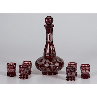 Bohemian Ruby Cut Glass Decanter and Tumblers
