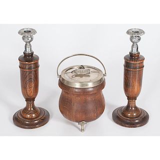 English Biscuit Jar and Candlesticks