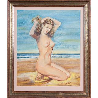 Watercolor Illustration of a Nude, Initialed H.G.S.